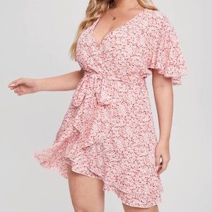 Plus Ditsy Floral Layered Ruffle Hem Belted Wrap Dress